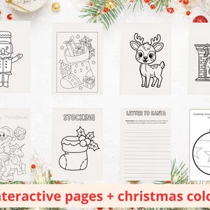 Puede incluir: Una colección de páginas para colorear con temática navideña, que incluye un cascanueces, un reno, un calcetín y una chimenea. La imagen también incluye una plantilla de carta a Papá Noel y una actividad para colorear. El texto dice "100 páginas interactivas + colorear navideño."