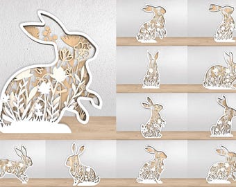 Paquete SVG de conejito de Pascua en capas / Archivos florales cortados con láser