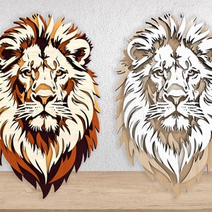 3D-lagers lejonhuvud SVG | Laserskuren träkonst (digital nedladdning)