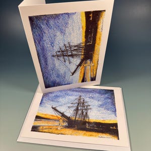 SV Alvei dans la baie de Baddeck - Carte d'art grand voilier 5 x 7 | Carte de voeux nautique du Cap-Breton | Illustration maritime à la plume et à l'encre