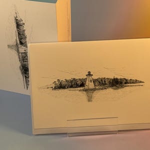 Phare de l'île Kidston – Carte artistique Baddeck 5 x 7 | Carte de voeux côtière du Cap-Breton | Illustration du phare de la Nouvelle-Écosse
