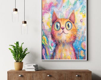 Whimsical Colorful Cat Printable Wall Art | Fantasy Watercolor Cat Digital Download | Cute Cat Poster for Cat Lovers | Psychedelic Art Decor