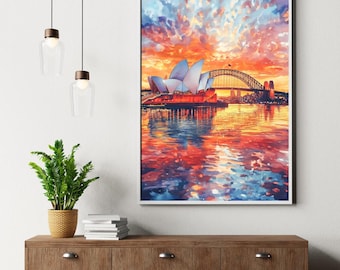 Sydney Opera House & Harbour Bridge Sunset Watercolor Printable, Australia Travel Wall Art, Vibrant Cityscape Digital Download, Modern Decor