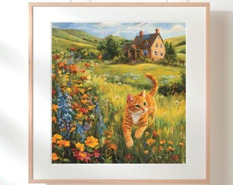 Rustic Cottage Cat Printable Wall Art | Digital Download | Whimsical Countryside Cat Painting, Cozy Farmhouse Decor ,Floral Meadow Cat Print