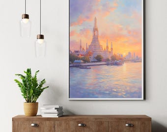 Wat Arun Thailand Temple Wall Art Printable | Bangkok Sunset Digital Download | Asian Landscape Watercolor | Travel Home Decor | Bangkok