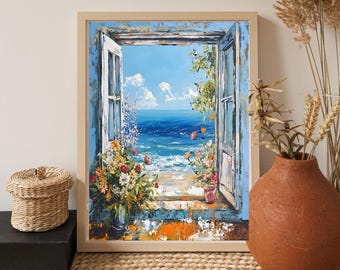 Ocean View Window Art | Coastal Cottage Digital Wall Art | Beach House Printable Decor | Sea View Painting | Open Window Landscape | Print