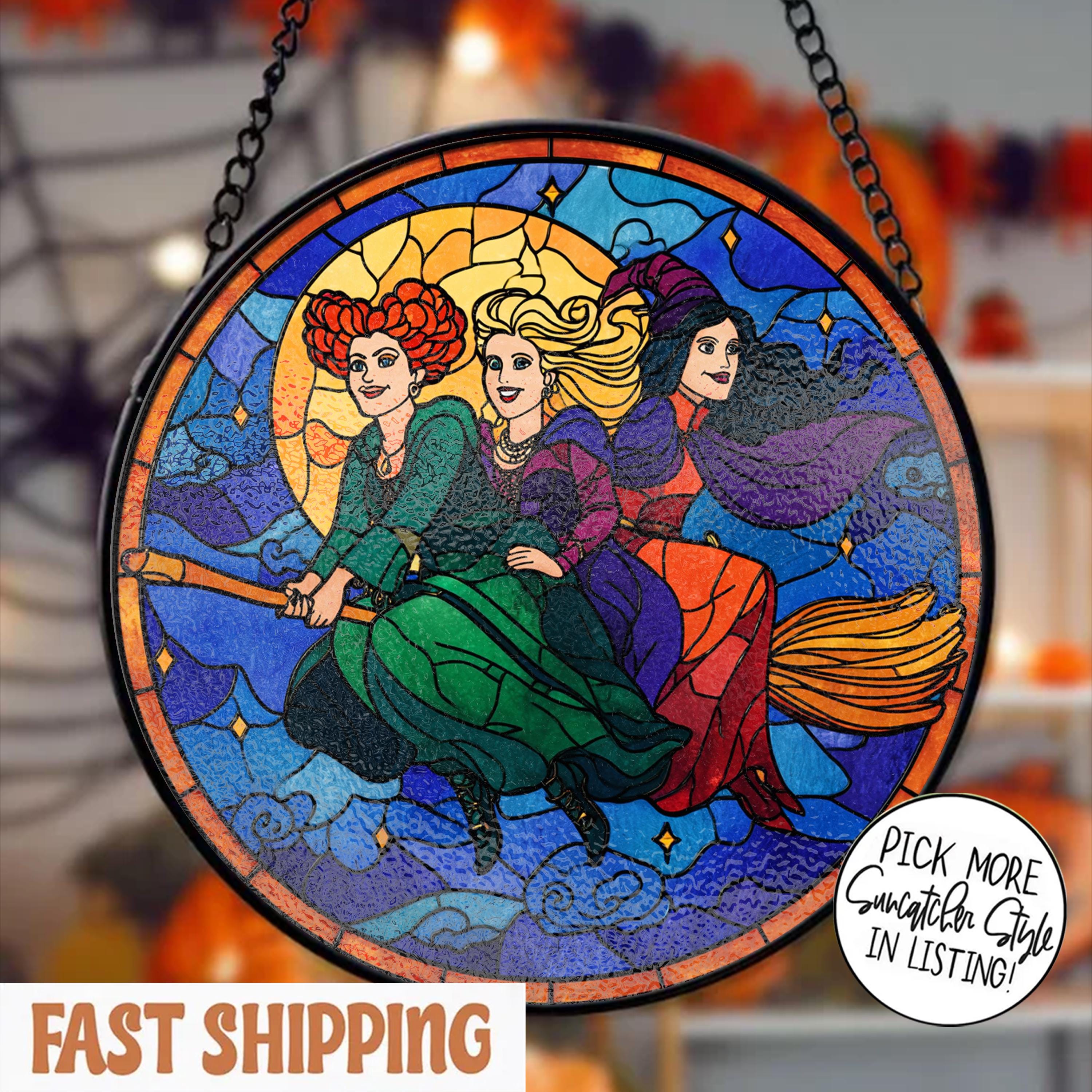 Hocus Pocus Suncatcher, Sanderson Sisters Halloween Window Hanging, Stained Glass Style Witch Decor, Spooky Fall Home Decoration Gift
