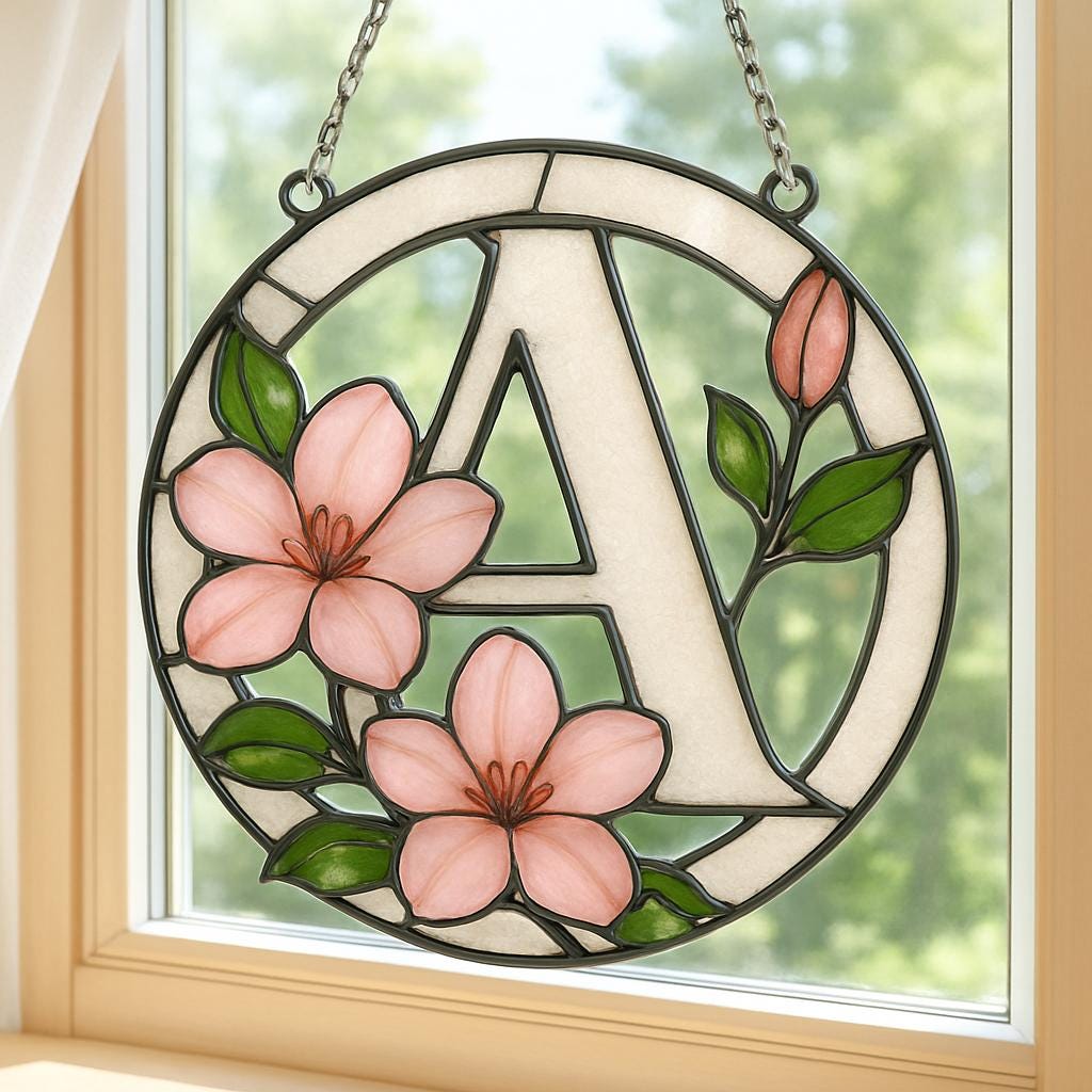 Custom Alphabet Name Cherry Blossom Stained Glass Suncatcher, Custom Floral Birthday Gift for Mom, Sakura ACRYLIC Window Hanging, Home Decor