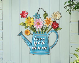 Personalized Blue Watering Can Flower Wall Art - Custom Garden Metal Sign for Mother's Day Gift, Rustic Door House Decor - Gift for Mom, Her