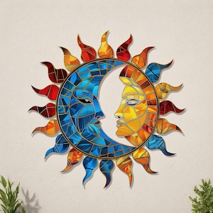 Colorful Sun and Moon Face Metal Wall Art – Boho Celestial Decor for Garden, Balcony, Bedroom - Mystical Sun Moon Hanging Gift for Her, Mom