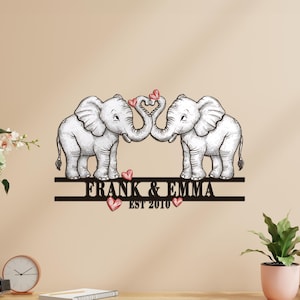 Arte de pared de metal personalizado con nombres de pareja de elefantes - Regalo para el 14.º aniversario de bodas, letrero de boda personalizado para sala de estar - Decoración con amor de elefantes