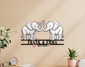 Personalized Elephant Couple Names Metal Wall Art - 14th Wedding Anniversary Gift, Custom Wedding Sign for Living Room - Elephant Love Decor
