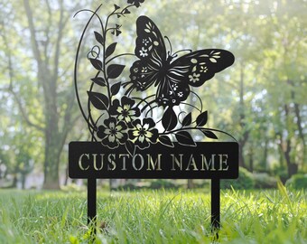 Personalized Metal Butterfly Garden Stakes Sign - Custom Garden Name Stake - Lawn Flower Stakes Sign - Outdoor Easter Garden Yard Stake