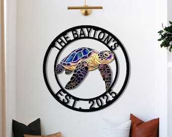 Custom Sea Turtle Metal Sign - Personalized Family Name Decor - Coastal Beach Home Decor - Custom Anniversary Gift - Ocean Theme Wall Art