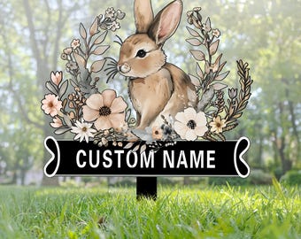 Custom Name Bunny Garden Stake - Personalized Floral Rabbit Sign for Yard, Patio, or Flower Bed - Outdoor Yard Decor, Easter Garden Stakes