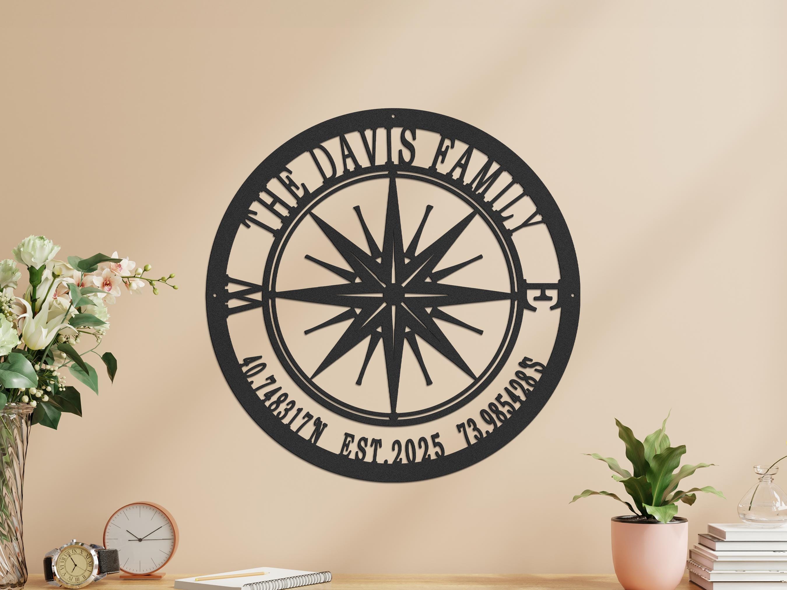 Custom Compass Metal Wall Art with GPS Coordinates - Personalized Last Name Sign - Wedding Gift Beach House Decor - Family Housewarming Gift