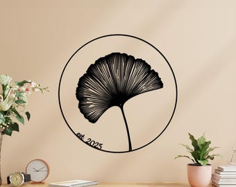 Personalized Ginkgo Leaf Metal Wall Art, Custom Year Circle Wall Decor, Botanical Nature Art, Modern Plant Wall Hanging, Leaf Metal Sign