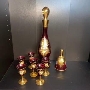 8pc Vintage Tre Fuochi Murano Venetian Glass Aperitif Set gold Plated Italy red