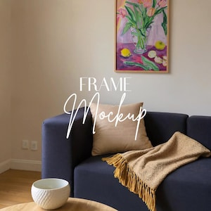 Vertical frame mockup in livingroom: thin wood frame, din A Ratio (PSD)