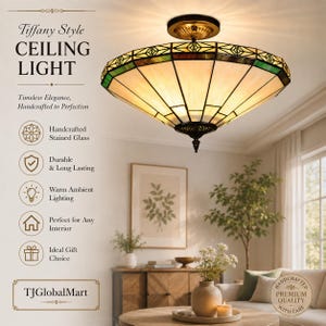 May include: A Tiffany-style ceiling light with a stained glass shade. The light fixture has a bronze finish and a geometric design with green and cream-colored glass panels. The text on the image says "Tiffany Style CEILING LIGHT".