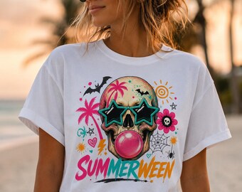 Summerween-skelet PNG, shirtontwerp Bubblegum Skull, retro zomer Halloween-sublimatie png, griezelige zomer trendy digitale download