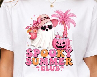 Schattige spook PNG, roze Halloween shirt ontwerp, tropische Halloween sublimatie, spook shirt PNG, griezelige zomerclub
