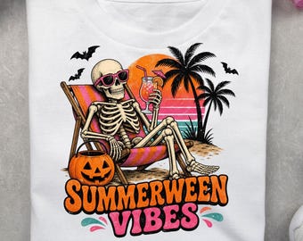 Retro Summerween PNG, Spooky Summer PNG, Skeleton Beach Shirt Design, Halloween vakantie sublimatie, vintage DTF-afbeelding, digitale download