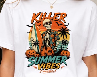 Halloween-skelet PNG, skeletshirt PNG, strandskelet sublimatieontwerp, zomerse sfeer, tropische Halloween PNG