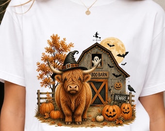 Halloween Boerderij PNG, Schotse Hooglandkoe Halloween PNG, Boe Schuur PNG, Heksenkoe Sublimatieontwerp, Herfstshirt PNG, Direct downloaden