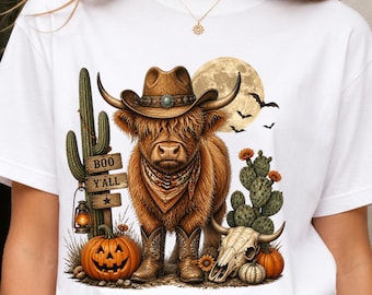 Schotse hooglandkoe PNG, Western Schotse hooglandkoe PNG, Cowboy Schotse hooglandkoe Halloween PNG, Koe sublimatie ontwerp, Western shirt PNG, Direct downloaden
