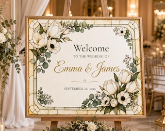 Welkomstbord voor een bruiloft met imitatie glas-in-lood, bewerkbaar sjabloon voor een trouwbord, printbaar bord van 20x16 inch, zwart-wit en kleur, direct te downloaden.