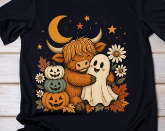 Schotse hooglandkoe herfst Halloween PNG, schattige spookkoe PNG, Halloween koe shirt sublimatie ontwerp, direct downloaden