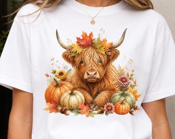 Herfst Schotse hooglandkoe PNG, Herfstkoe PNG, Sublimatieontwerp pompoenveld, Boerderij herfstshirt PNG, Direct downloaden