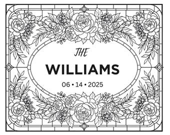 Welkomstbord voor een bruiloft met imitatie glas-in-lood, sjabloon met wilde bloemen en achternaam (digitale download)