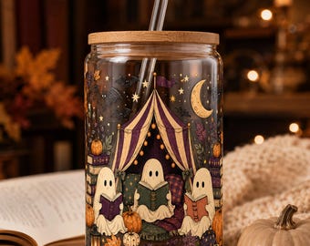 Spooky Reading Tent 16oz Glass Can Wrap PNG, Halloween Book Lover Tumbler Design, Digital Download