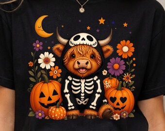 Halloween Highland Cow PNG-bundel | Schattige skeletkoe sublimatie PNG | Spooky Season shirtontwerp, Highland Cow Halloween 4 PNG-bestanden