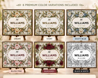 Trouwbord met imitatie glas-in-lood, Canva-sjabloon met wilde bloemen en achternaam als aandenken, printbaar welkomstbord voor bruiloft (20x16 inch), 6 kleuropties