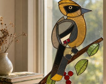 Glas-in-loodpatroon met cederpestvogel, vogel op bessentak, raamdecoratie met bosmotief (SVG, PDF, PNG), digitale download