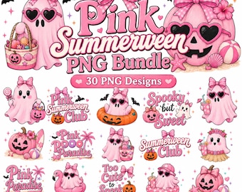 Pink Summerween png-bundel, 30 roze Halloween-png-ontwerpen, Coquette Ghost png, strandspooksublimatie, preppy halloween-shirt, png