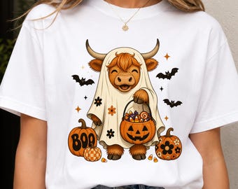 Spookachtige Schotse hooglandkoe PNG, schattige Halloweenkoe PNG, 'Trick or Treat' Schotse hooglandkoe sublimatieontwerp, Halloween shirt PNG, direct downloaden