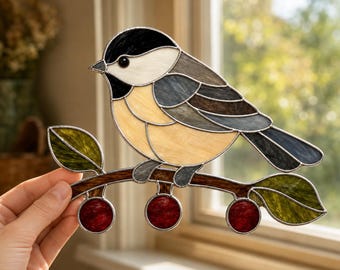Glas-in-loodpatroon van een mees, sjabloon voor een vogel-raamhanger, glaskunst voor beginners, printbaar PDF-, SVG- en PNG-bestand, digitale download
