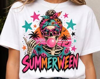 Summerween png, Halloween-schedel png, retro schedelsublimatieontwerp, tropisch halloween-shirt png, afbeelding suikerschedel