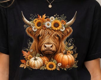 Schotse hooglandkoe Halloween herfst PNG, herfst Schotse hooglandkoe PNG, pompoenkoe sublimatie, zonnebloemkoe clipart, herfstshirt PNG, direct downloaden
