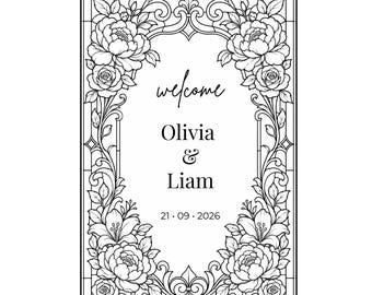 Digitaal glas-in-lood welkomstbord voor bruiloft met gotische boogsjabloon | DIY glasschildersjabloon 16x20 | Gepersonaliseerd naambord voor bruid en bruidegroom