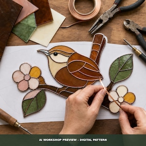 May include: A stained glass bird and flower pattern on paper with copper foil tape being applied. The design features a brown bird on a branch with green leaves and multi-coloured petals. Tools including pliers and copper foil are visible nearby.