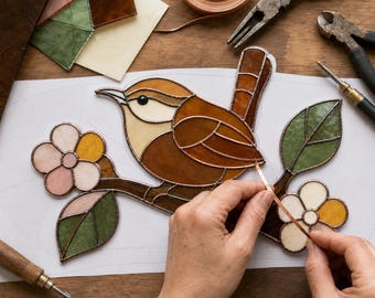 Glas-in-loodpatroon van een Carolina-winterkoning, sjabloon voor een raamhanger met een vogel op een tak, bloemenkunst in glas (PDF, SVG, PNG), digitale download