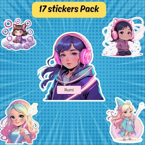 Op K-pop op demonenjagers geïnspireerd digitaal stickerpakket | 17 png-stukken | Chibi Anime Dark Fantasy-stickers | Bundel voor directe download | Rumi