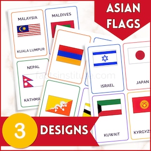 50 Asiatische Flagge Karteikarten | Länderfahnen & Hauptstädte | Montessori und Vorschule | Karteikarten zum Ausdrucken | Digitales PDF