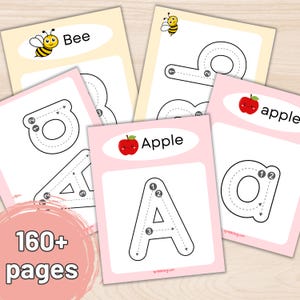 May include: Educational flashcards with the words "Bee" and "Apple" and the letters A and a, with dotted lines for tracing. The cards are pink and yellow with illustrations of a bee and an apple. The text "160+ pages" is also visible.
