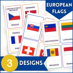 49 Europa Flagge Karteikarten | Länderfahnen & Hauptstädte | Montessori und Vorschule | Karteikarten zum Ausdrucken | Digitales PDF